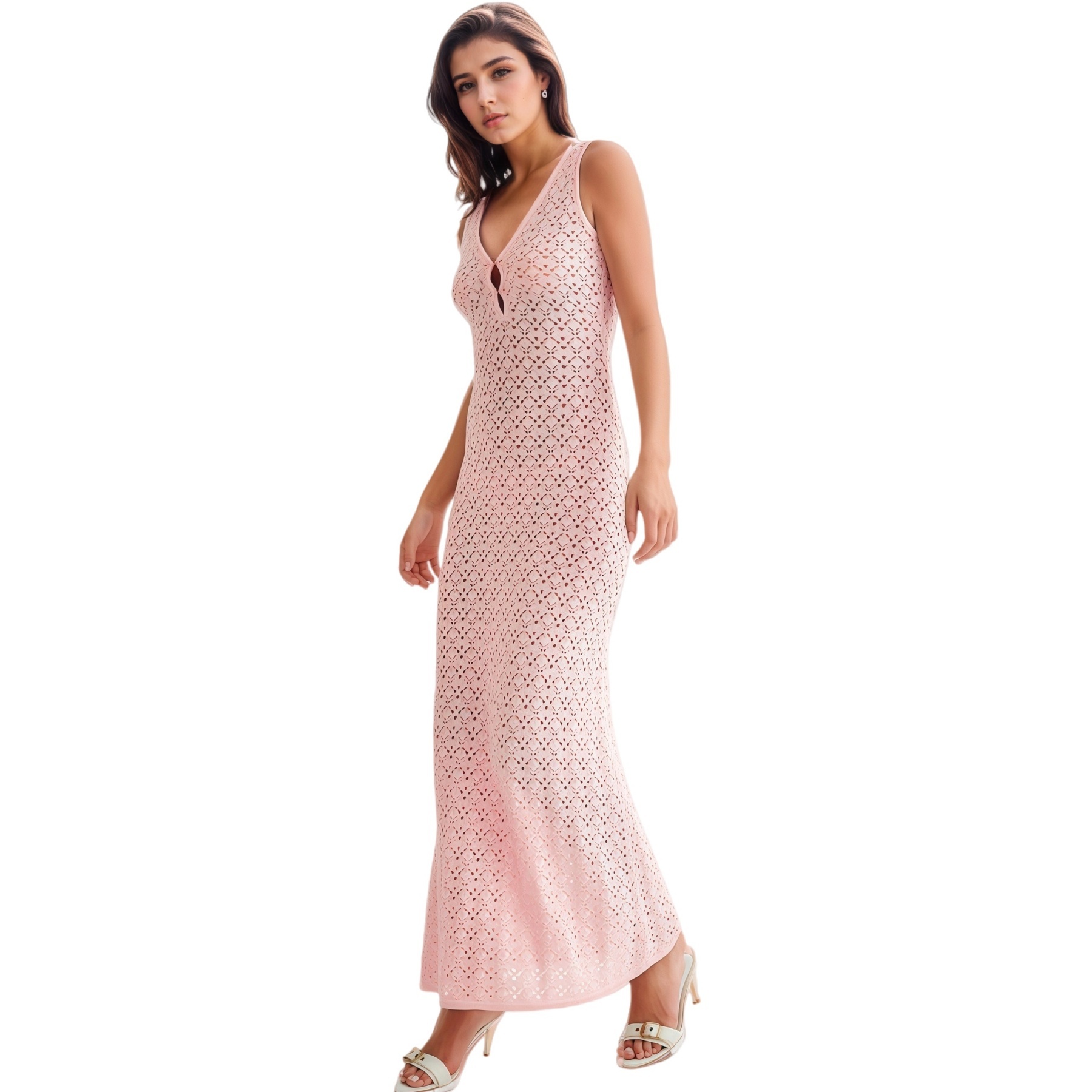 Women Hollow Knitted Beach Dress Summer Sleeveless Slim Cover-up Dress